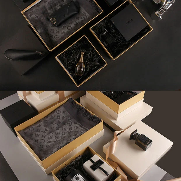 Multi Size Rigid Gift Box Set With Gold Ribbon And Lid Multi Size Rigid Gift Box Set With Gold Ribbon And Lid